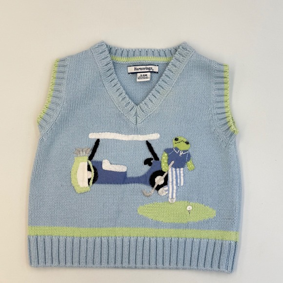 Hartstrings Other - Hartstrings Frog Golf Cart Sweater Vest 3-6M • Blue Knit Cotton Preppy Golf Baby